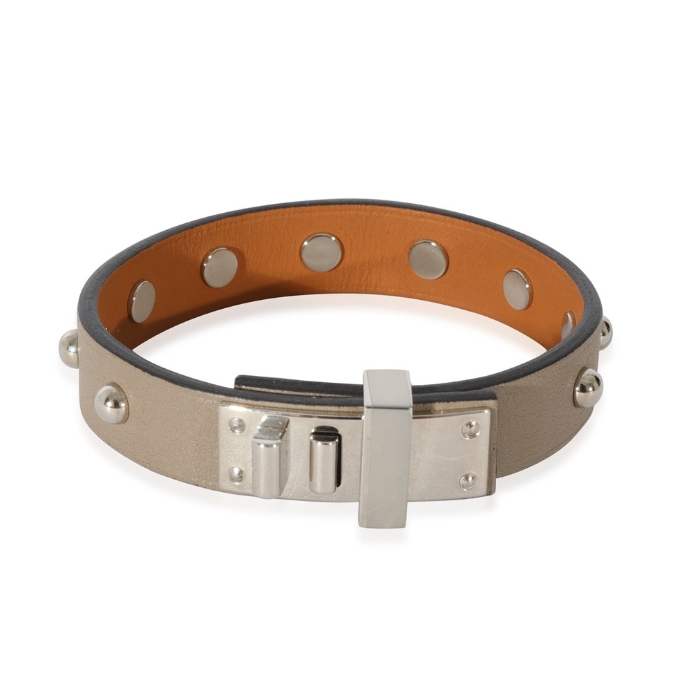 HERMÈS Mini Dog Clous Ronds Taupe Leather Wrap Palladium Studded Bracelet